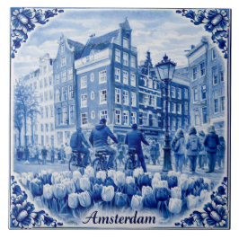 Amsterdam houses Delft Blue style tile Tegeltje