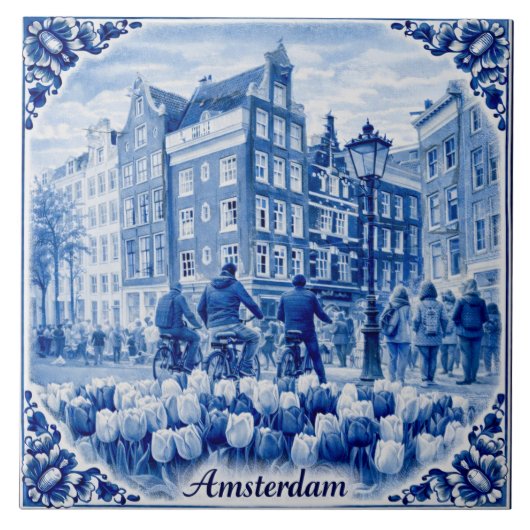 Amsterdam houses Delft Blue style tile Tegeltje (Voorkant)