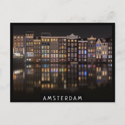 Amsterdam huizen met kleurrijke lichten in de nach briefkaart (Voorkant)