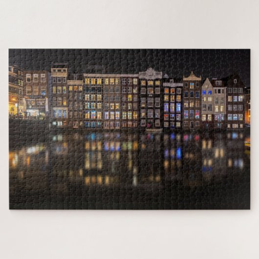 Amsterdam huizen met kleurrijke lichten in de nach legpuzzel (Horizontaal)
