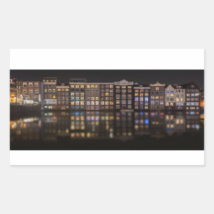 Amsterdam huizen met kleurrijke lichten in de nach rechthoekige sticker