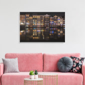 Amsterdam huizen met kleurrijke lichten 's nachts canvas afdruk (Insitu (Woonkamer))