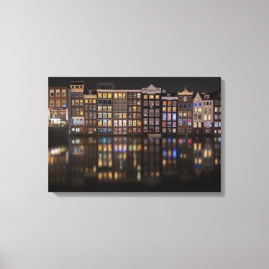 Amsterdam huizen met kleurrijke lichten 's nachts canvas afdruk (Voorkant)