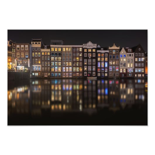 Amsterdam huizen met kleurrijke lichten 's nachts foto afdruk (Voorkant)