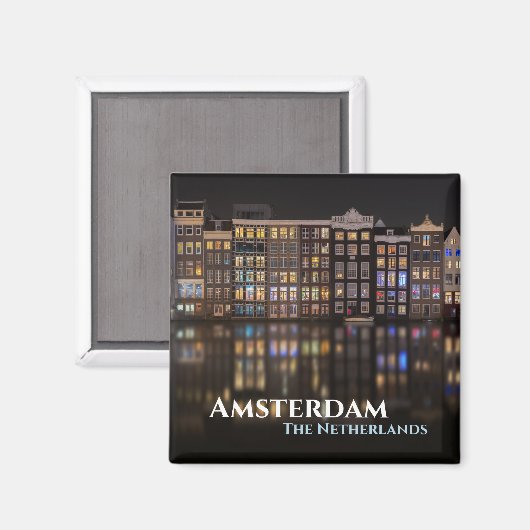 Amsterdam huizen met kleurrijke lichten 's nachts magneet (Voorkant / Achterkant)