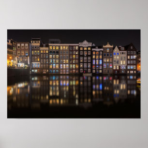 Amsterdam huizen met kleurrijke lichten 's nachts poster
