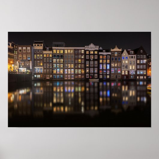 Amsterdam huizen met kleurrijke lichten 's nachts poster (Voorkant)