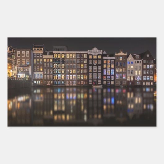 Amsterdam huizen met kleurrijke lichten 's nachts rechthoekige sticker (Voorkant)