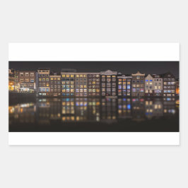Amsterdam huizen met kleurrijke lichten 's nachts rechthoekige sticker