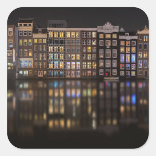 Amsterdam huizen met kleurrijke lichten 's nachts vierkante sticker