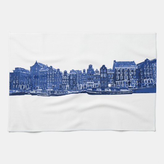 Amsterdam in blauwe Delfts blauwe stijl Theedoek (Horizontaal)