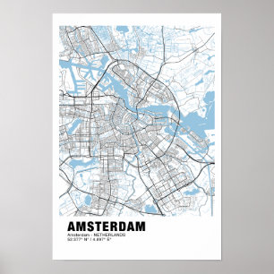 Amsterdam Kaart Poster - Amsterdam Wit Kaart