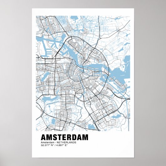 Amsterdam Kaart Poster - Amsterdam Wit Kaart (Voorkant)