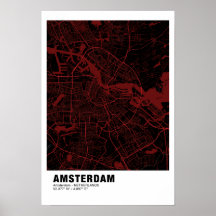Amsterdam Kaart Poster - Amsterdam Zwart & Rood Ka