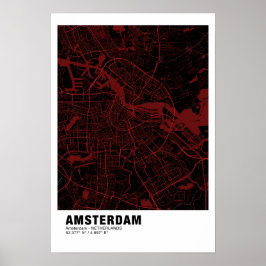 Amsterdam Kaart Poster - Amsterdam Zwart & Rood Ka