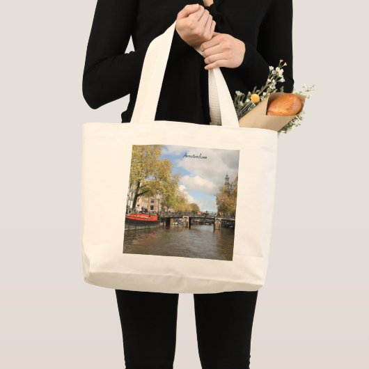 Amsterdam, Kanaal, Brug, Houseboot, Church Spire Grote Tote Bag (Voorkant (product))