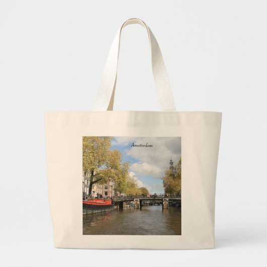 Amsterdam, Kanaal, Brug, Houseboot, Church Spire Grote Tote Bag (Voorkant)