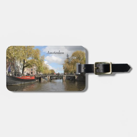 Amsterdam, Kanaal, Brug, Huisschip, Kerktoren Bagagelabel (Voorkant horizontaal)