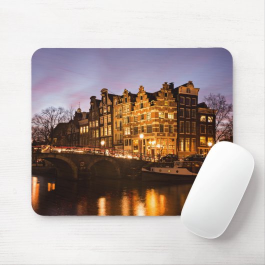 Amsterdam kanaalhuizen bij schemering mousepad muismat (Met muis)