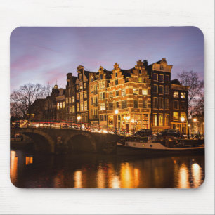 Amsterdam kanaalhuizen bij schemering mousepad muismat