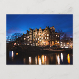 Amsterdam kanaalhuizen 's nachts briefkaart