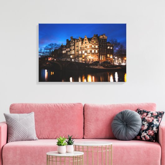 Amsterdam kanaalhuizen 's nachts canvas afdruk (Insitu (Woonkamer))