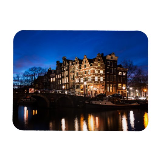 Amsterdam kanaalhuizen 's nachts magneet (Horizontaal)