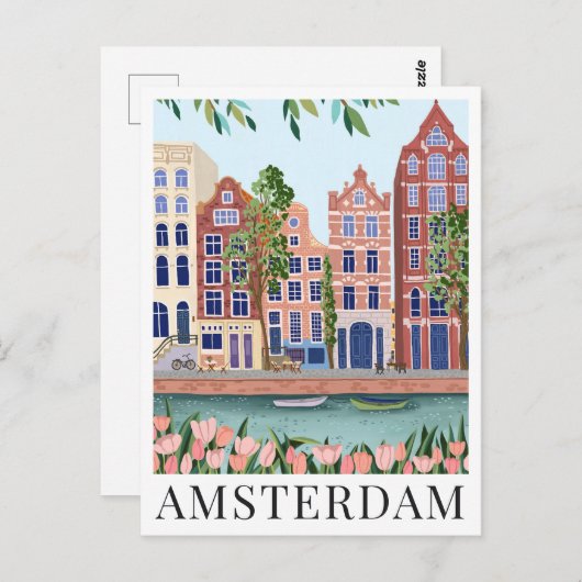 Amsterdam Lakeside Town Uitzicht reisillustratie Briefkaart (Voorkant / Achterkant)