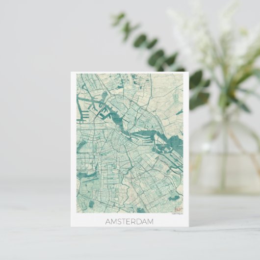 Amsterdam Map Blue  Waterverf Briefkaart (Staand voorkant)