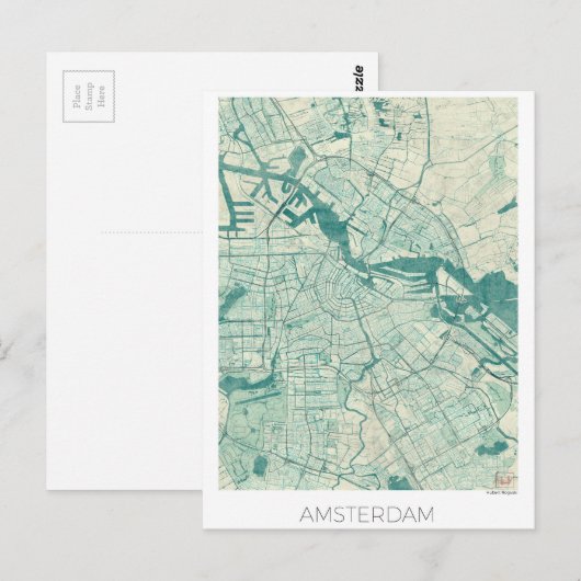 Amsterdam Map Blue  Waterverf Briefkaart (Voorkant / Achterkant)