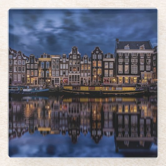 Amsterdam met Kanalen in Dusk Glazen Onderzetter (Voorkant)