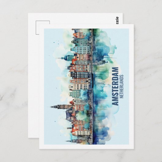 Amsterdam Nederland Beroemde Reis Waterverf Briefkaart (Voorkant / Achterkant)