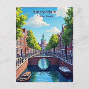 Amsterdam Nederland Gouache Illustratie Reizen Briefkaart