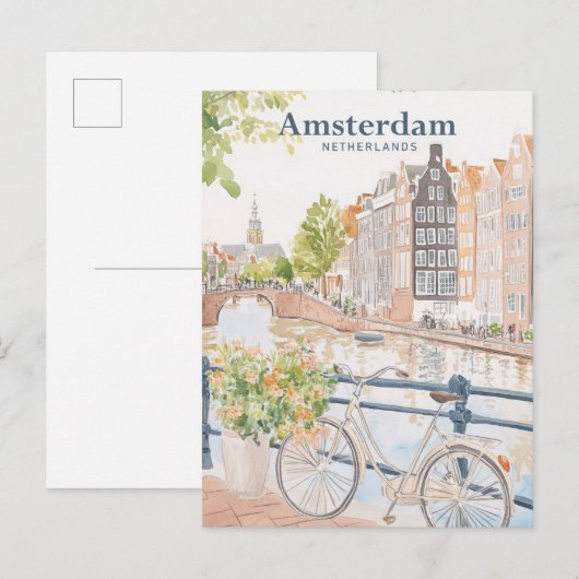 Amsterdam Nederland Gouache Illustratie Reizen Briefkaart (Voorkant / Achterkant)