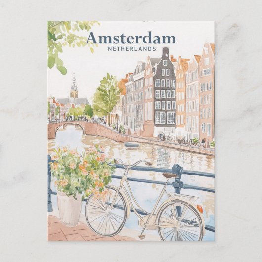 Amsterdam Nederland Gouache Illustratie Reizen Briefkaart (Voorkant)