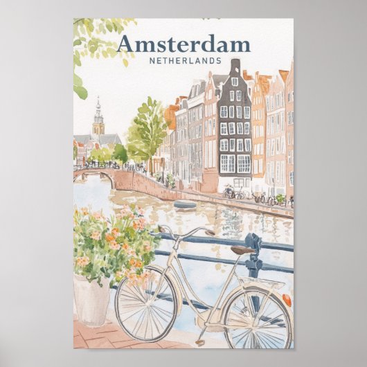 Amsterdam Nederland Gouache Illustratie Reizen Poster (Voorkant)