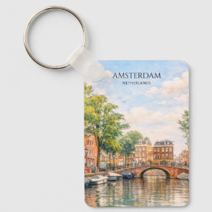 Amsterdam Nederland Gracht Kleurrijke Stad Reize Sleutelhanger