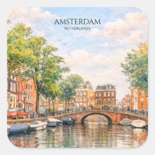 Amsterdam Nederland Gracht Kleurrijke Stad Reize Vierkante Sticker