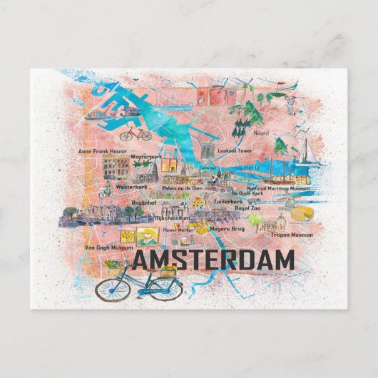 Amsterdam Nederland Illustratie Map Briefkaart (Voorkant)