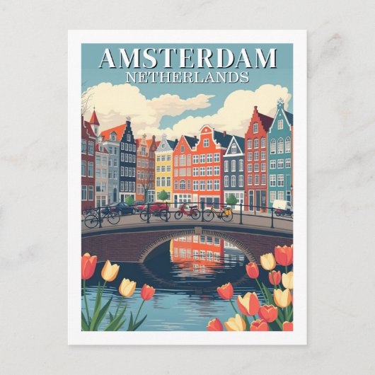 Amsterdam Nederland Illustratie Reizen Fietsen Briefkaart (Voorkant)