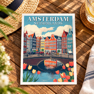 Amsterdam Nederland Illustratie Reizen Fietsen Briefkaart