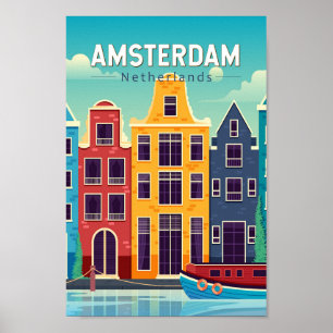 Amsterdam Nederland Kleurrijke Huizen Reizen Retro Poster