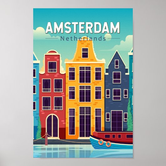 Amsterdam Nederland Kleurrijke Huizen Reizen Retro Poster (Voorkant)