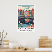 Amsterdam Nederland Reizen Fietsen Tulp Poster (Keuken)