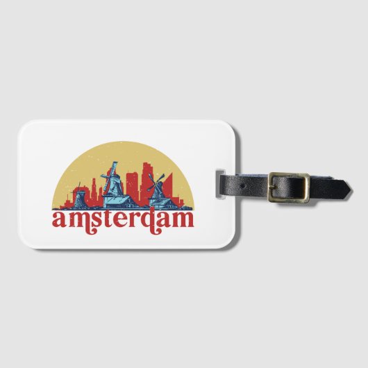 Amsterdam Nederland Retro City Skyline Cityscape Bagagelabel (Voorkant (horizontaal))