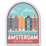 Amsterdam Nederland Travel Art Vintage Sticker<br><div class="desc">Amsterdam retro vector reisontwerp in een embleemstijl. Het staat bekend om zijn artistieke erfgoed,  uitgebreide grachtenstelsel en smalle huizen met gevels met gevels,  erfenissen van de 17e-eeuwse Gouden Eeuw van de stad.</div>