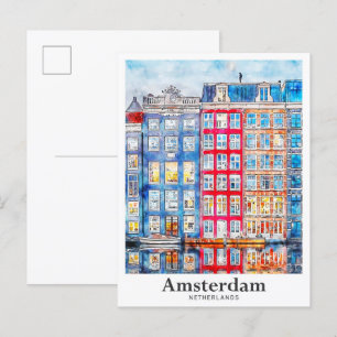 Amsterdam Nederland Travel Waterverf Hand getekend Briefkaart