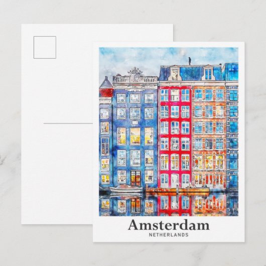 Amsterdam Nederland Travel Waterverf Hand getekend Briefkaart (Voorkant / Achterkant)