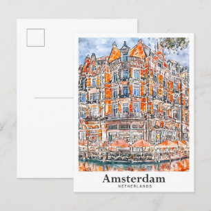 Amsterdam Nederland Travel Waterverf Hand getekend Briefkaart