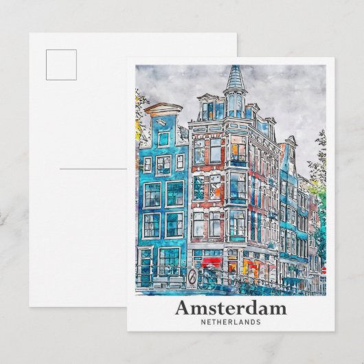 Amsterdam Nederland Travel Waterverf Hand getekend Briefkaart (Voorkant / Achterkant)